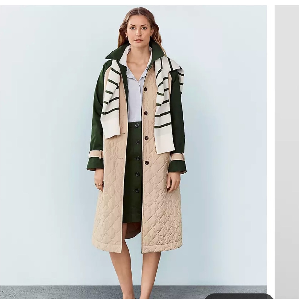 Ann Taylor Quilted Tan and Green Coat with Belt